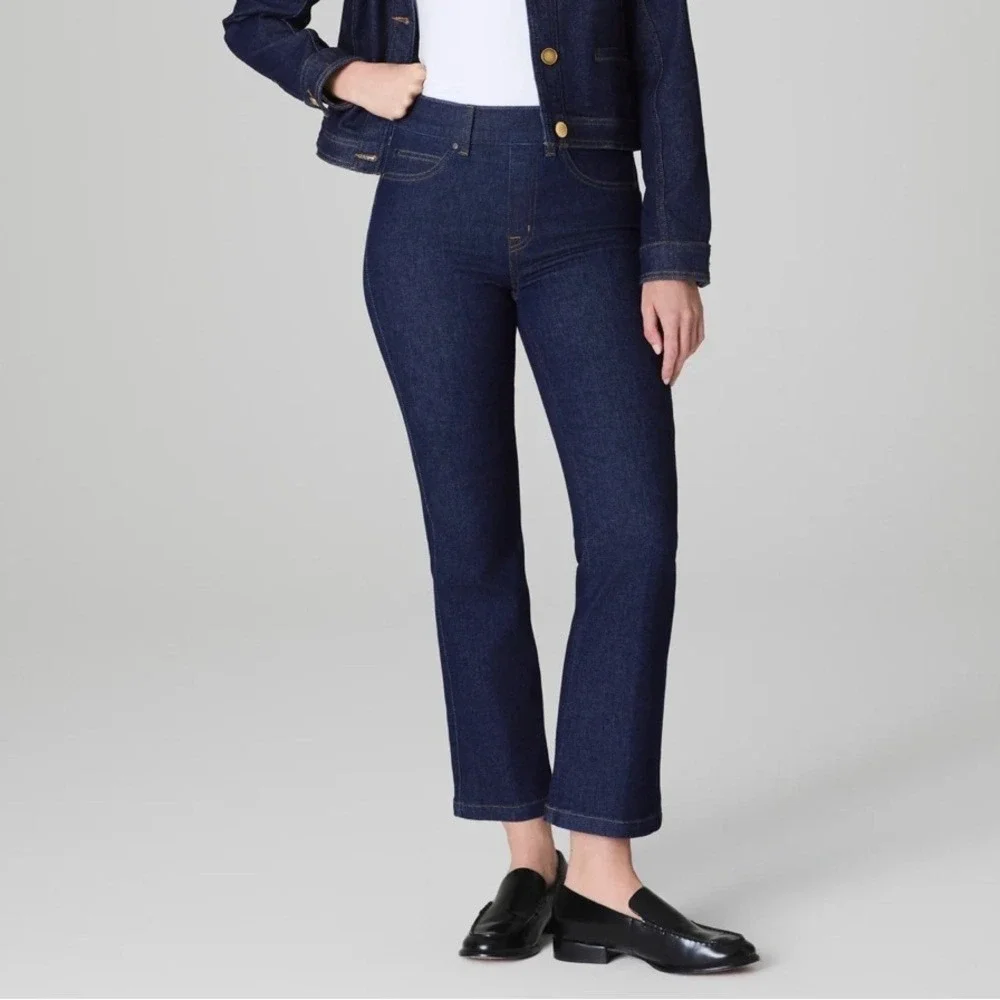 Spanx Cropped Kick Flare Jeans Womens Large Tall Raw Indigo Wash Pull On 20699T